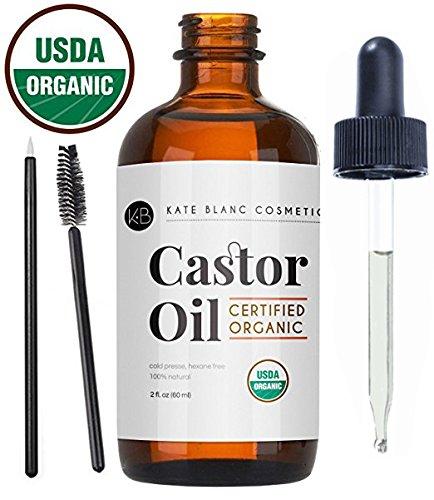 Organic castor oil bottle with dropper and eyebrow brush, USDA certified