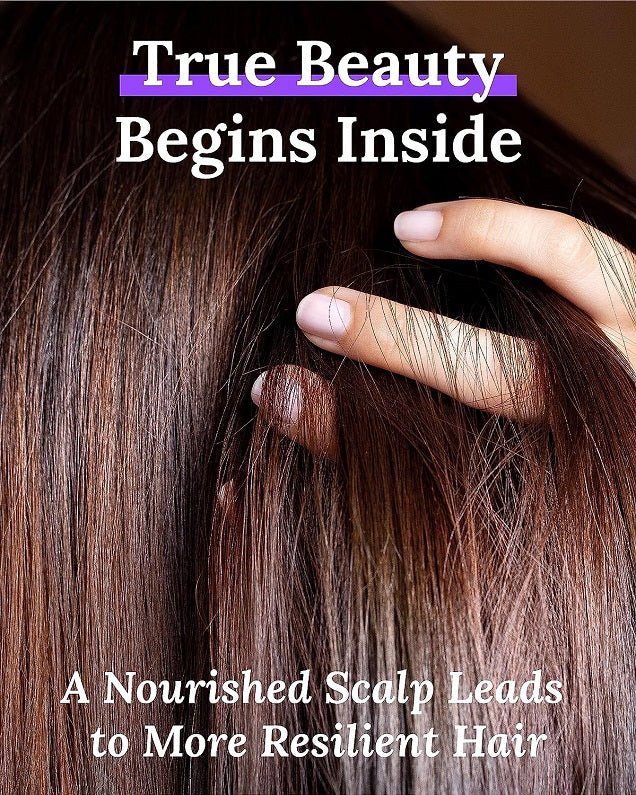 Keranique hair and scalp supplement message over parted hair with hand on scalp