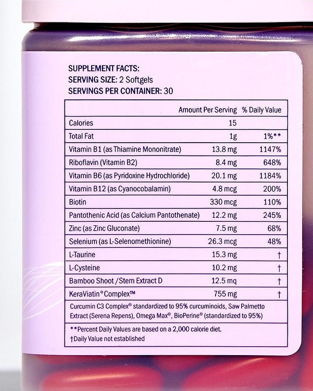 Keranique hair and scalp supplement facts panel: vitamins and minerals, serving size 2 softgels