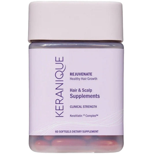 Keranique hair and scalp supplements bottle with lavender label and 60 softgels