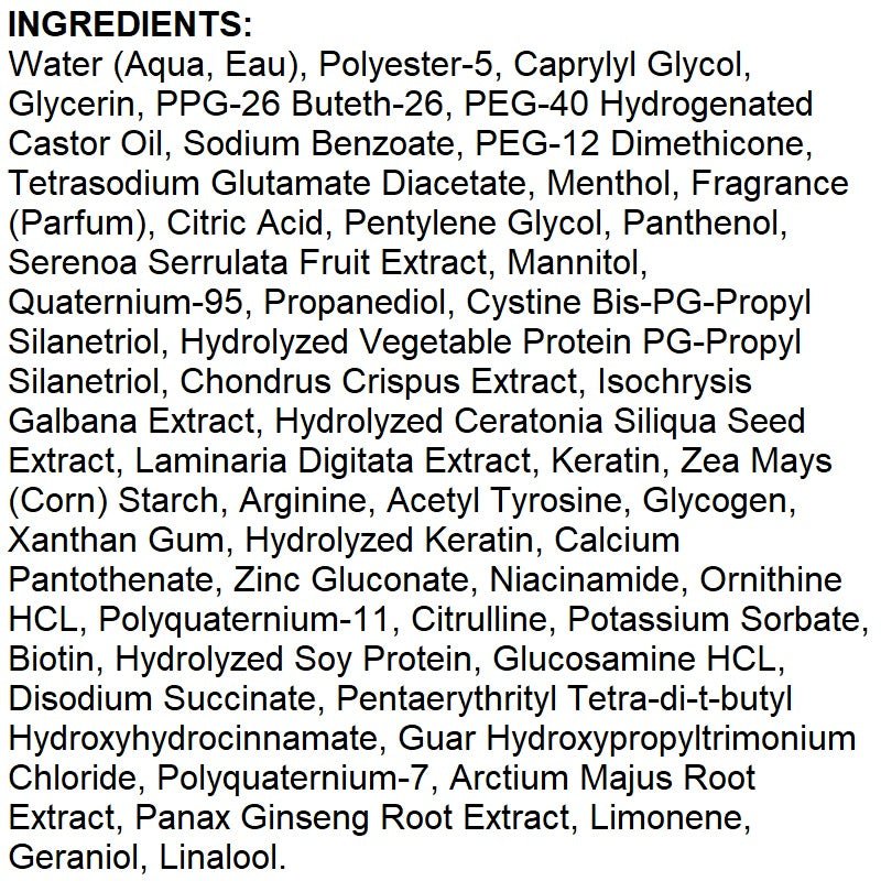 Hair treatment spray ingredients list, including water, glycerin, menthol, keratin