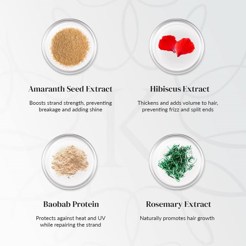 Hair thickening treatment ingredient extracts shown in labeled bowls: amaranth, hibiscus, baobab, rosemary
