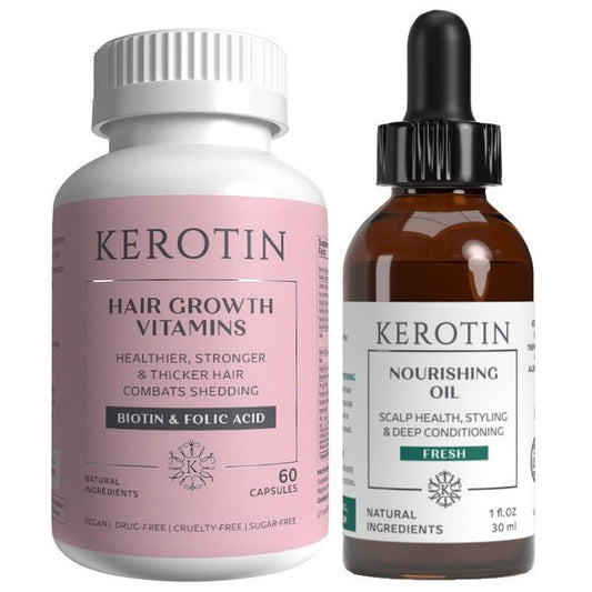 Kerotin Hair Growth vitamins bottle and Kerotin Nourishing Oil dropper bottle