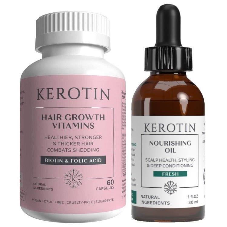 Kerotin Hair Growth vitamins bottle and Kerotin Nourishing Oil dropper bottle