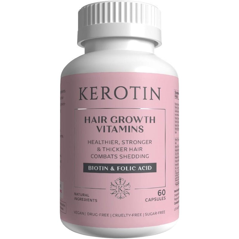 Kerotin Hair Growth Vitamins supplement bottle, pink label, 60 capsules