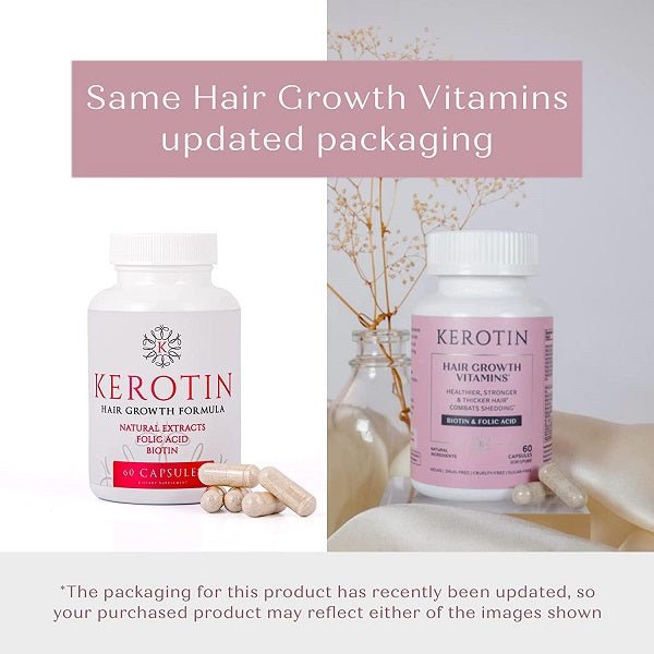 Hair growth vitamins bottles with capsules, updated pink-and-white label
