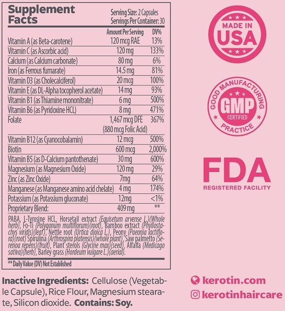 Hair growth vitamin supplement facts panel with ingredient and dosage information