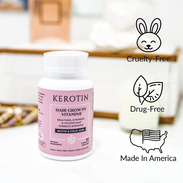 Kerotin hair growth vitamin bottle with cruelty-free and drug-free icons