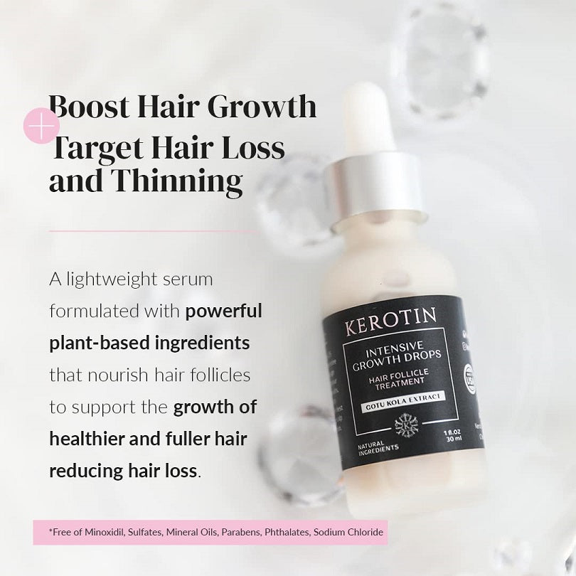 Kerotin growth drops bottle with dropper beside hair growth infographic.