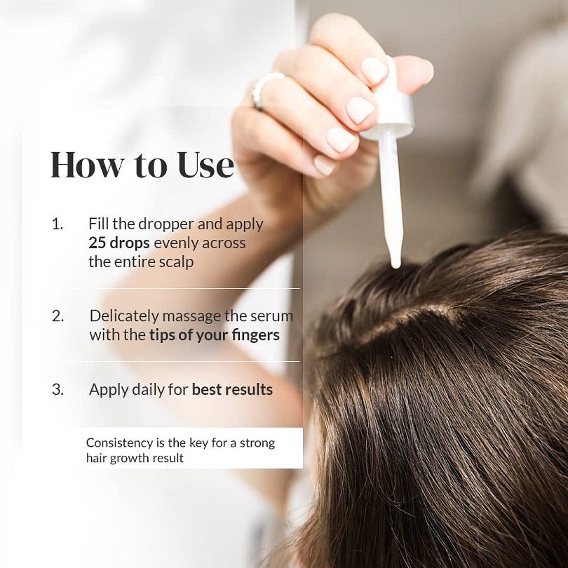 Using Kerotin growth drops: hand applying serum drop onto scalp with dropper.