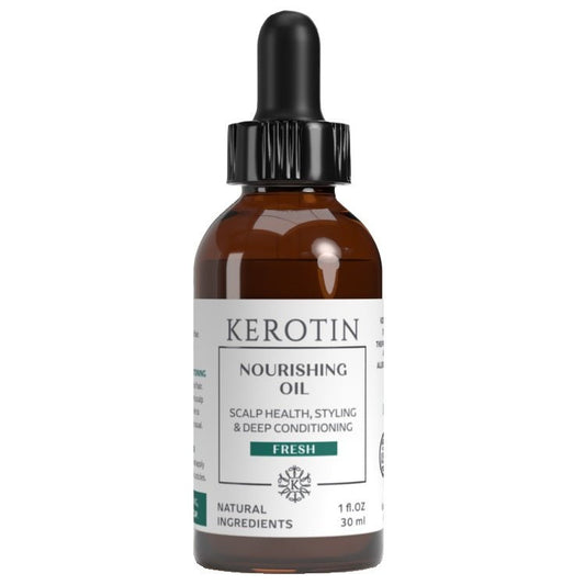 Kerotin nourishing oil bottle close-up with black dropper and amber glass