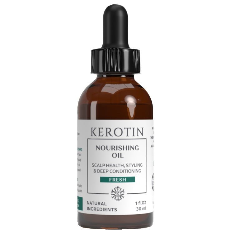 Kerotin nourishing oil bottle close-up with black dropper and amber glass