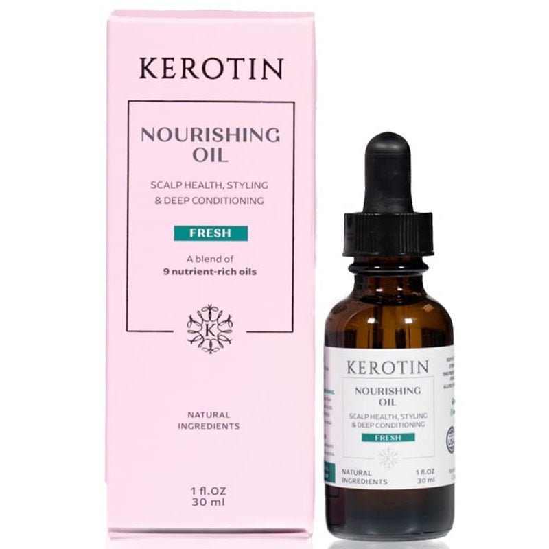Kerotin nourishing oil bottle beside pink product box, both labeled Nourishing Oil Fresh