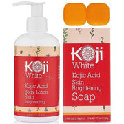 Koji White kojic acid body lotion bottle with kojic acid soap bars