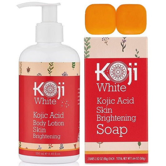 Koji White kojic acid body lotion bottle with kojic acid soap bars