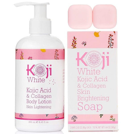 White kojic acid body lotion with pump, plus boxed soap and two pink bars
