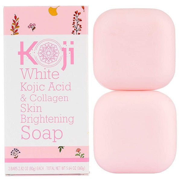 Koji White kojic acid & collagen soap, pink carton with two square bars