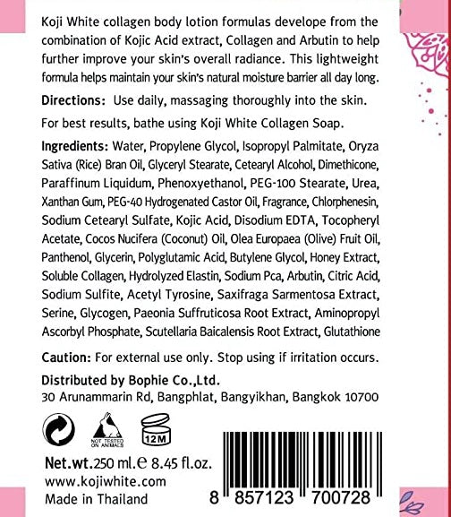Back label of white body lotion bottle with pump, ingredients and barcode