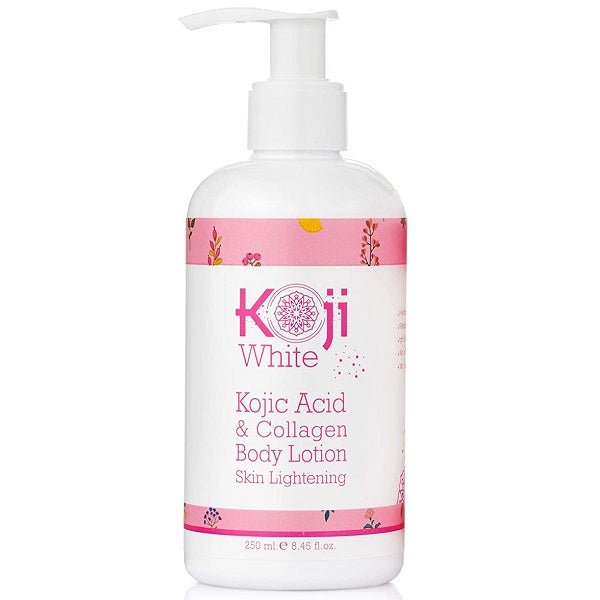 White pump body lotion bottle with pink label, kojic acid and collagen