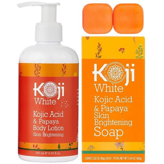 Koji White body lotion bottle with pump, orange label, kojic acid & papaya