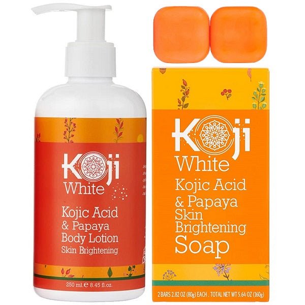 Koji White body lotion bottle with pump, orange label, kojic acid & papaya