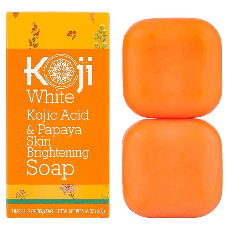 Koji White kojic acid & papaya soap box with two orange soap bars