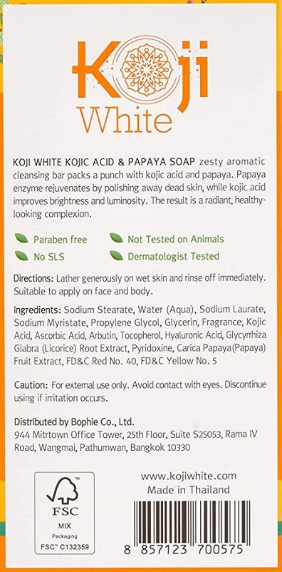 Koji White soap back label with ingredients, FSC mark, and barcode