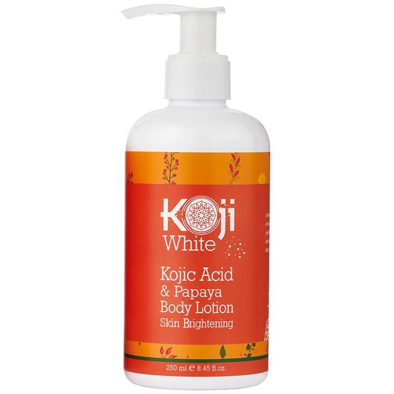 Koji White kojic acid & papaya body lotion bottle with pump, 250 mL