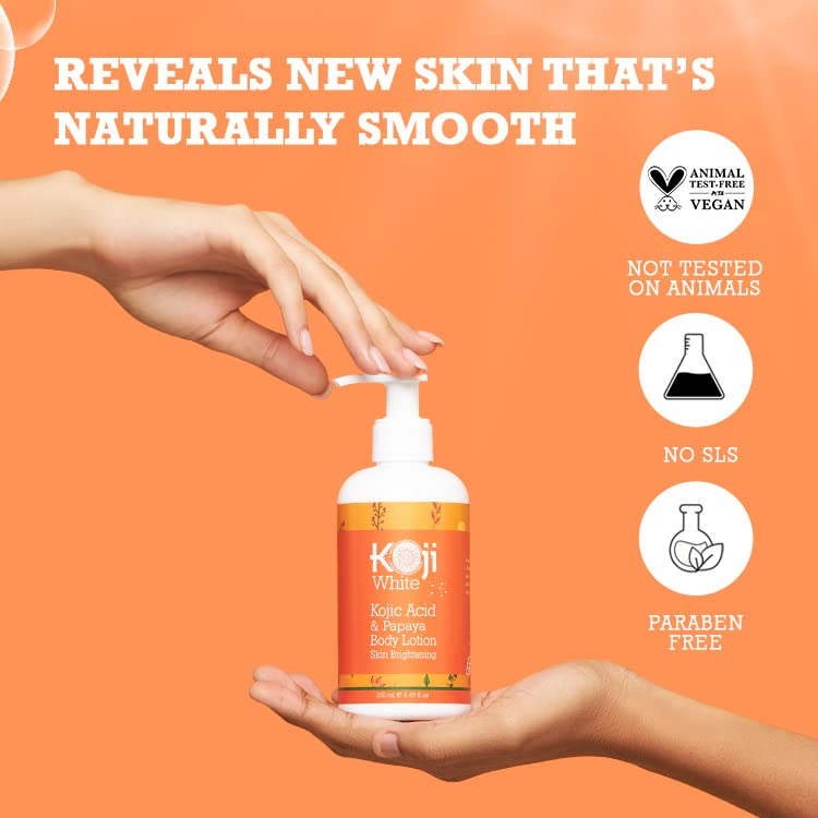Koji White kojic acid & papaya lotion bottle with pump in hands