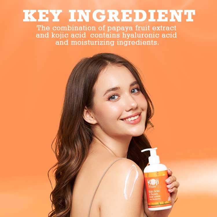 Koji White body lotion bottle held by smiling woman, pump top
