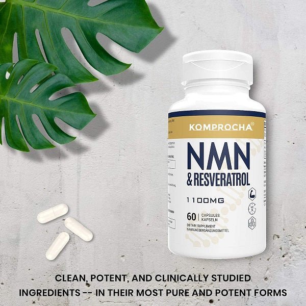 NMN & resveratrol supplement bottle with white capsules and green leaf accents.