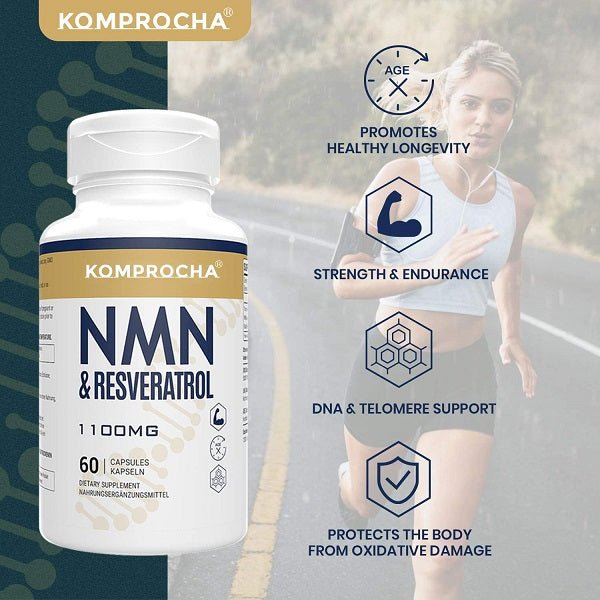 Komprocha NMN & resveratrol bottle with front label and lifestyle health icons.