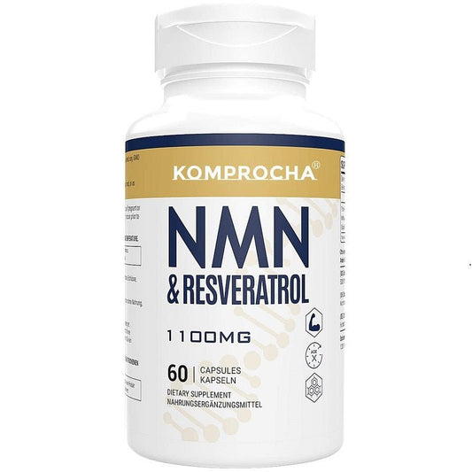 Front view of Komprocha NMN & resveratrol 1100mg bottle with 60 capsules.