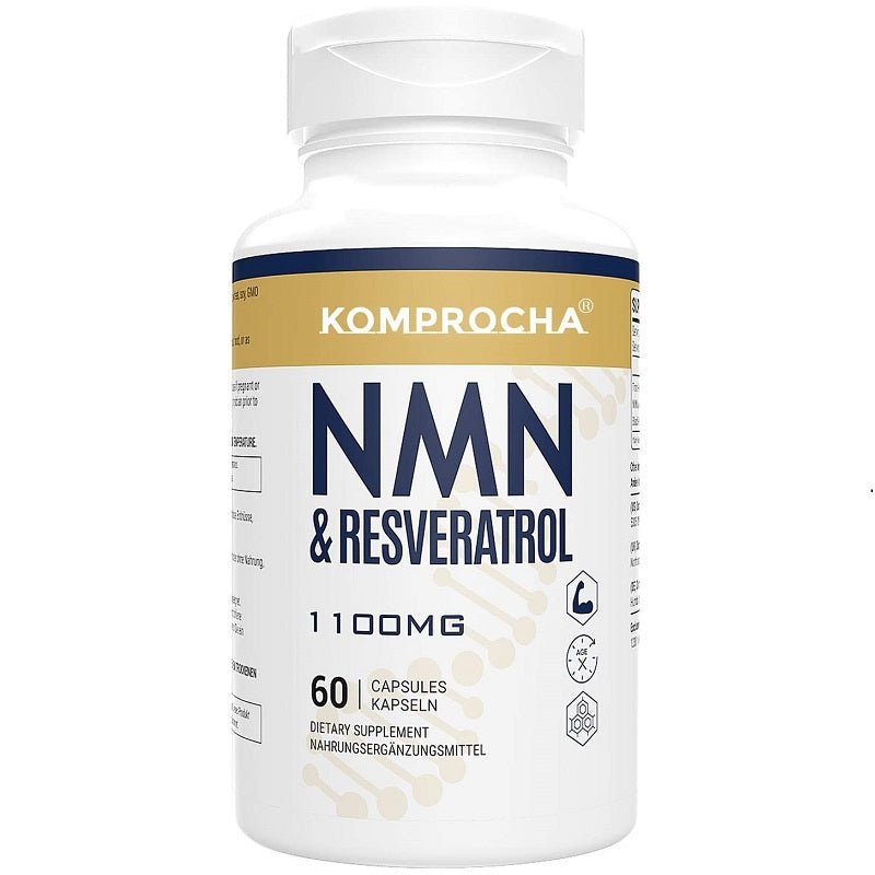 Front view of Komprocha NMN & resveratrol 1100mg bottle with 60 capsules.