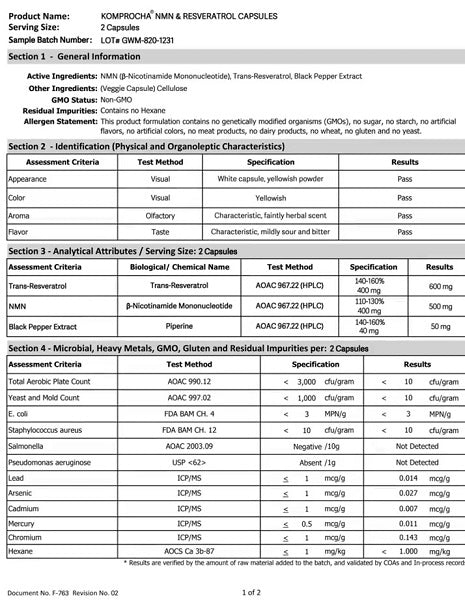 Supplement testing document with product details and specifications table.
