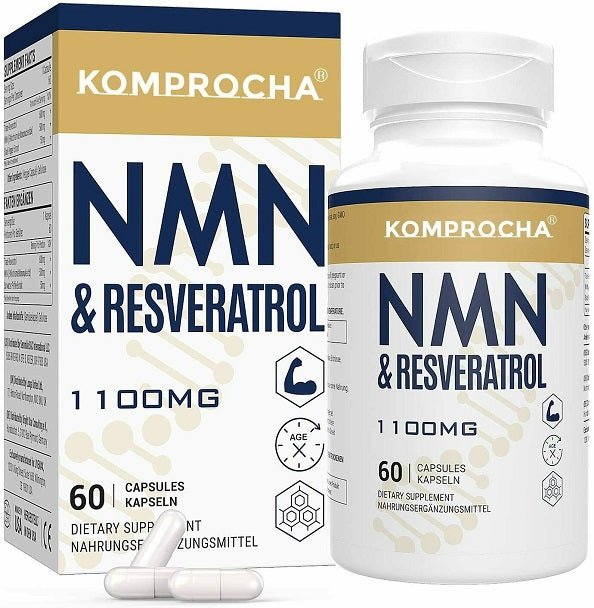 NMN & resveratrol bottle and box set with KOMPROCHA branding and 60 capsules.