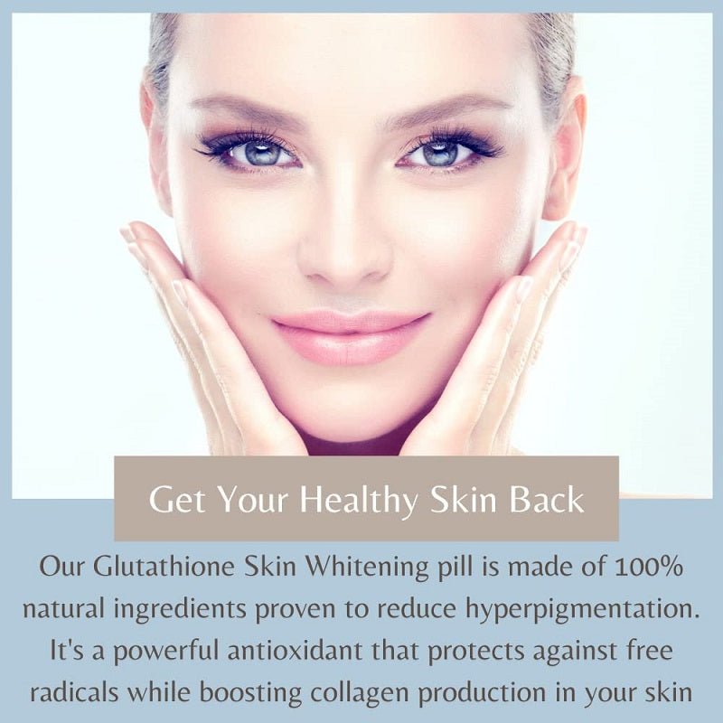 Skin whitening supplement banner with smiling woman and skincare message