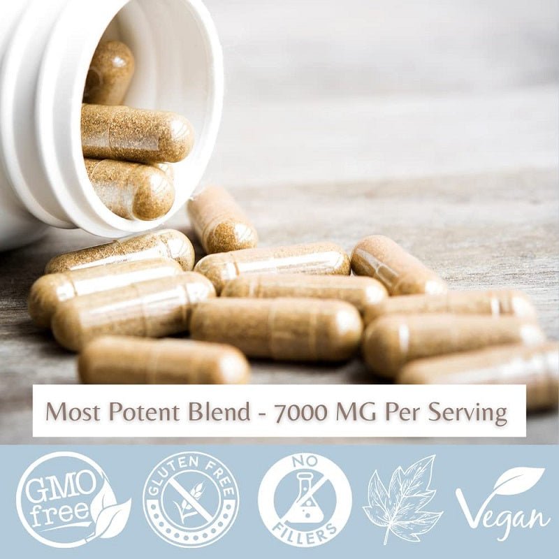 Gold glutathione supplement capsules on surface with 7000 mg per serving text