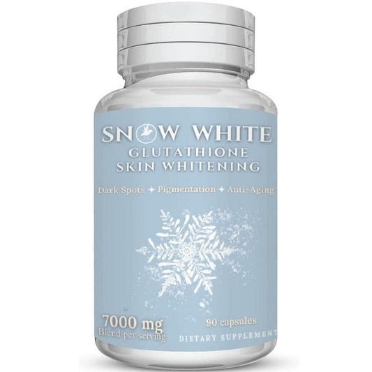 Skin whitening glutathione supplement bottle with Snow White label, 90 capsules