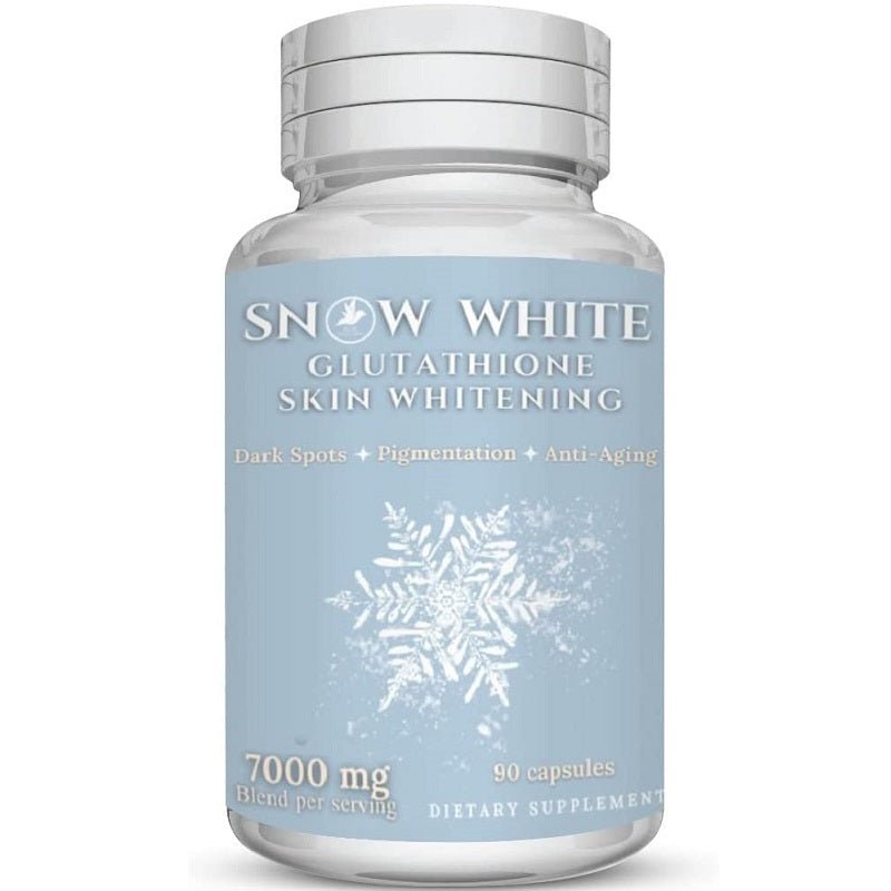Skin whitening glutathione supplement bottle with Snow White label, 90 capsules