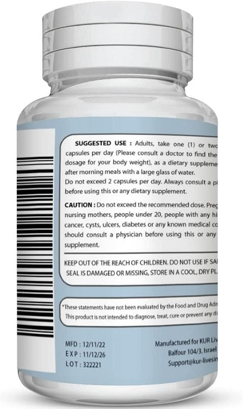 Skin whitening glutathione supplement bottle back label with directions and warnings