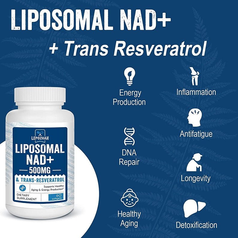 Lepoznan liposomal NAD+ and Trans-Resveratrol bottle with benefit icons like energy and DNA repair