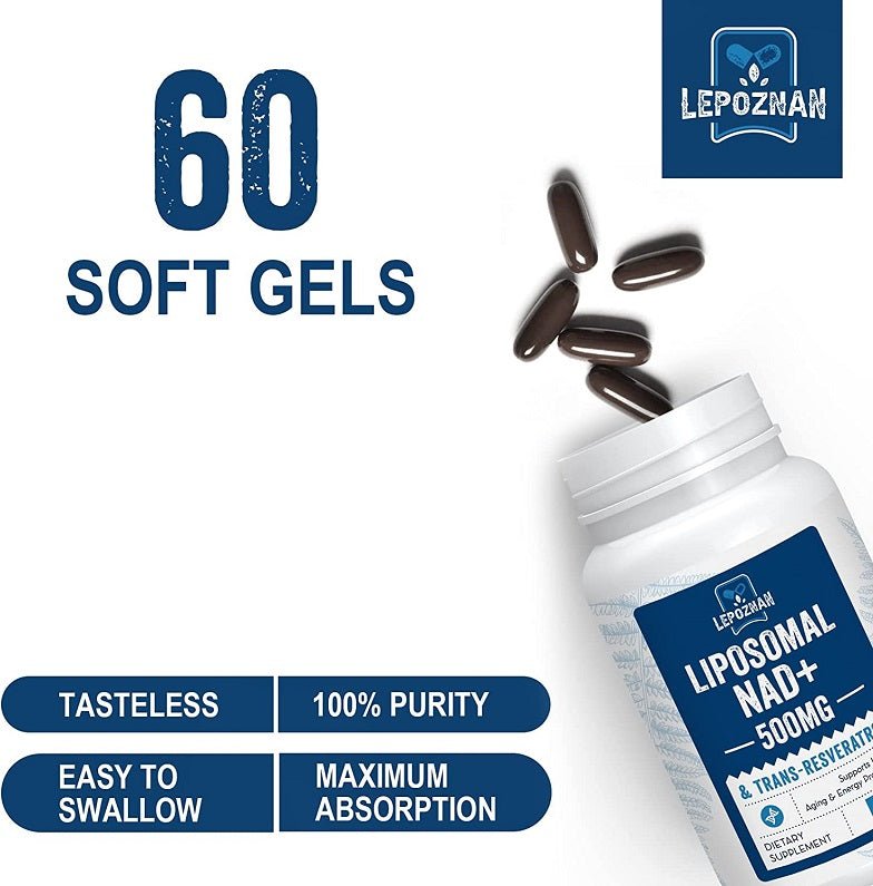 Lepoznan liposomal NAD+ 500mg supplement showing 60 softgels, easy to swallow, tasteless