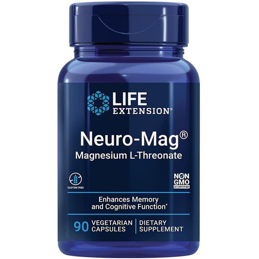Life Extension Neuro-Mag magnesium L-threonate bottle, blue label, 90 vegetarian capsules