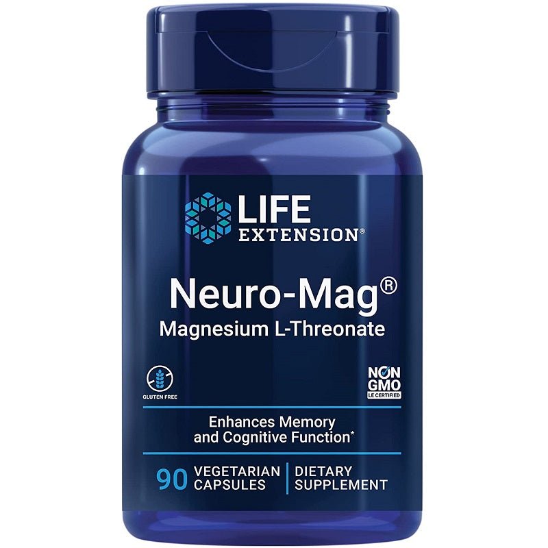 Life Extension Neuro-Mag magnesium L-threonate bottle, blue label, 90 vegetarian capsules