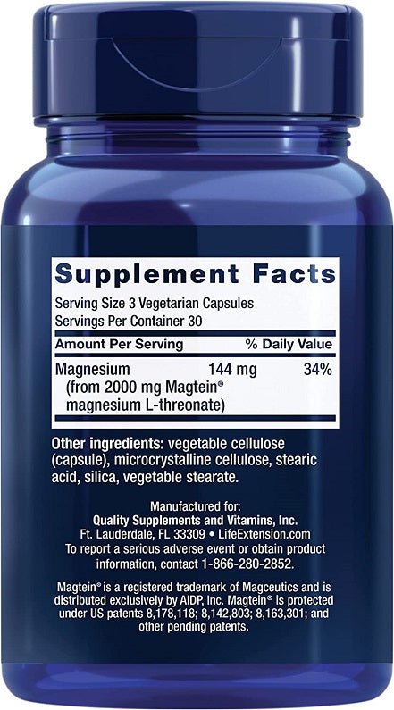 Life Extension Neuro-Mag bottle back label with Supplement Facts, 144 mg magnesium L-threonate