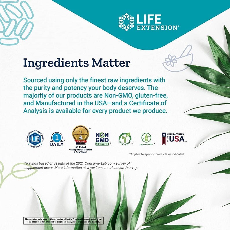 Life Extension supplement marketing panel: Ingredients Matter with Non-GMO and Made in USA icons