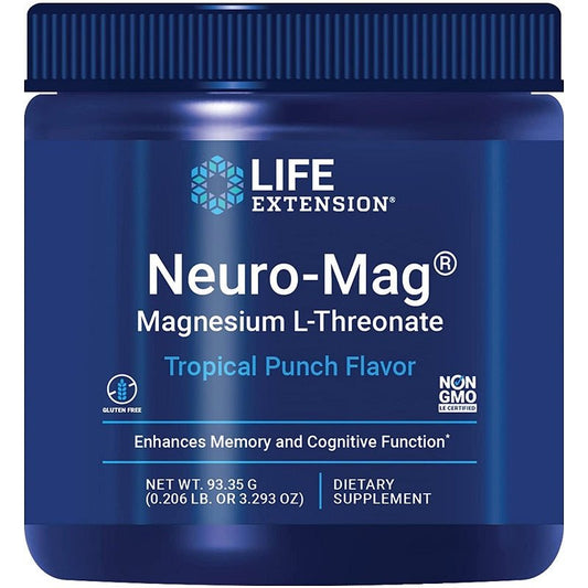 Magnesium L-threonate supplement powder container, blue label with Life Extension branding