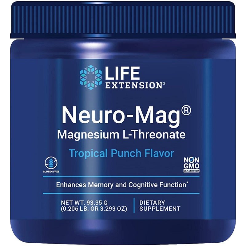 Magnesium L-threonate supplement powder container, blue label with Life Extension branding