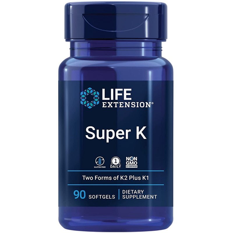 Blue Life Extension Super K supplement bottle, 90 softgels dietary supplement label